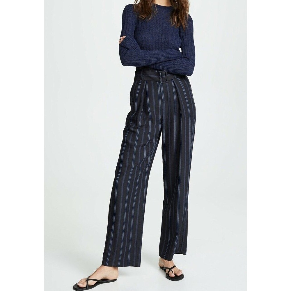 NWT Vince Dobby Stripe Belted Wide-Leg Pants in Indigo‎ High Rise Size 6 $385 - Picture 4 of 16